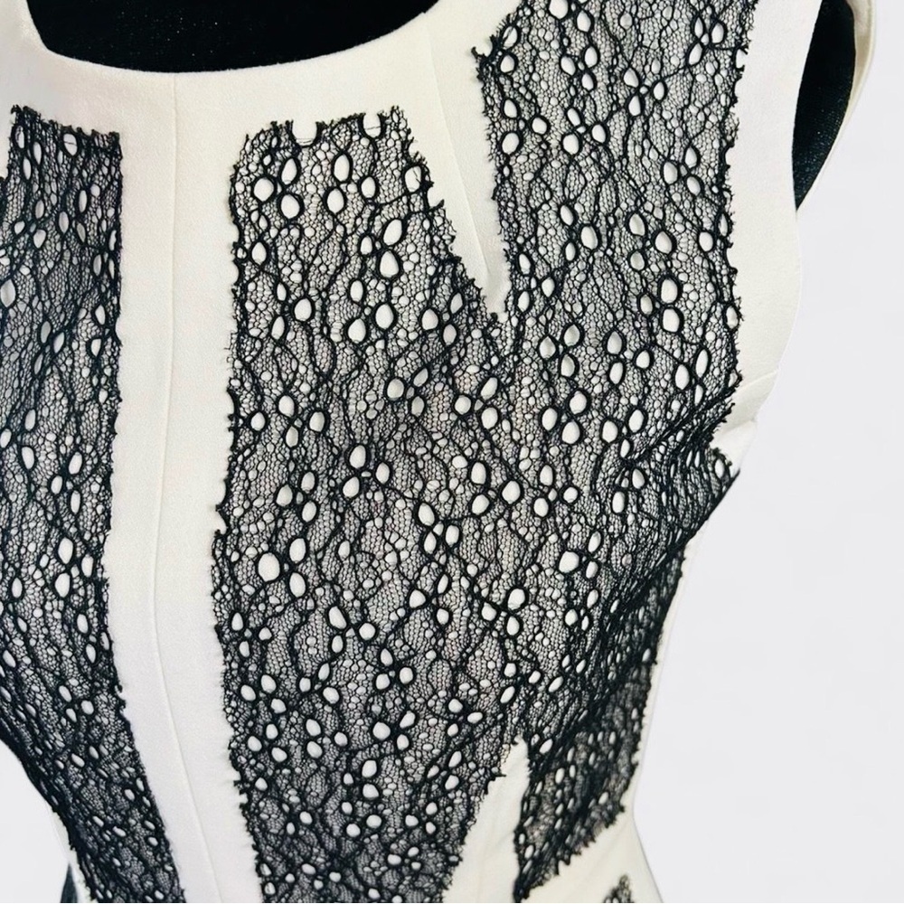 BCBGMAXAZRIA Black Cream Lace Panel Sheath Dress Size 6 Sleeveless Bodycon - Picture 5 of 7